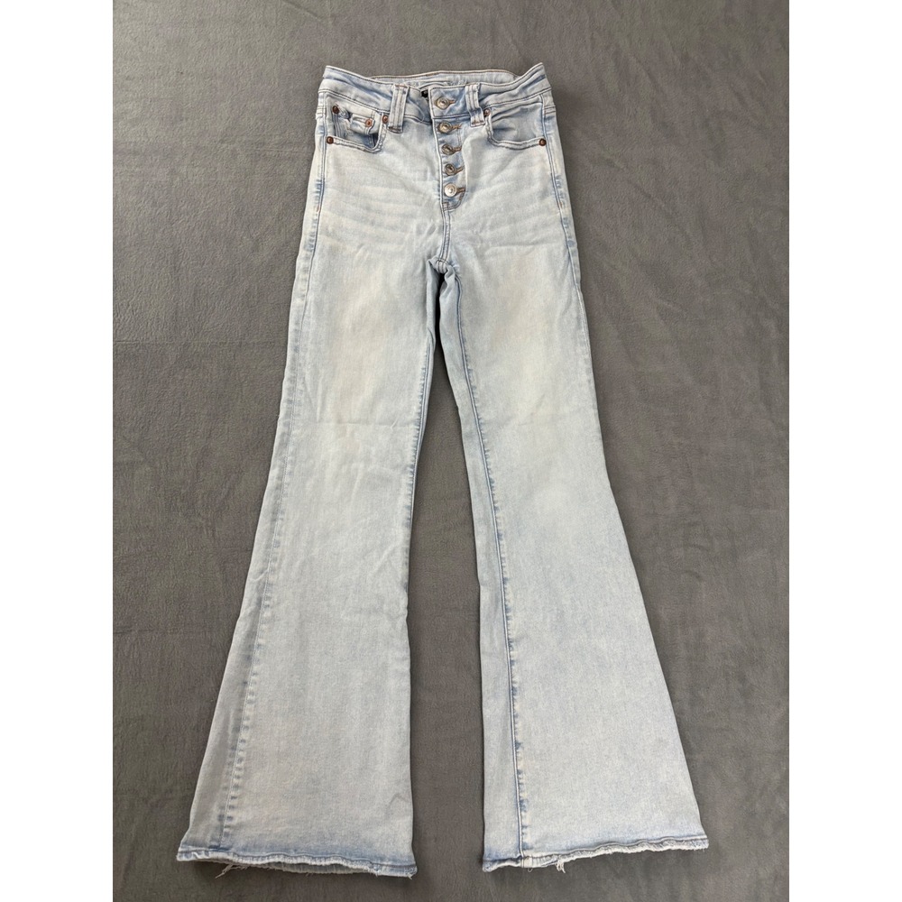 American Eagle Next Level Stretch High Rise Button Fly Flare Jeans Light Wash 4